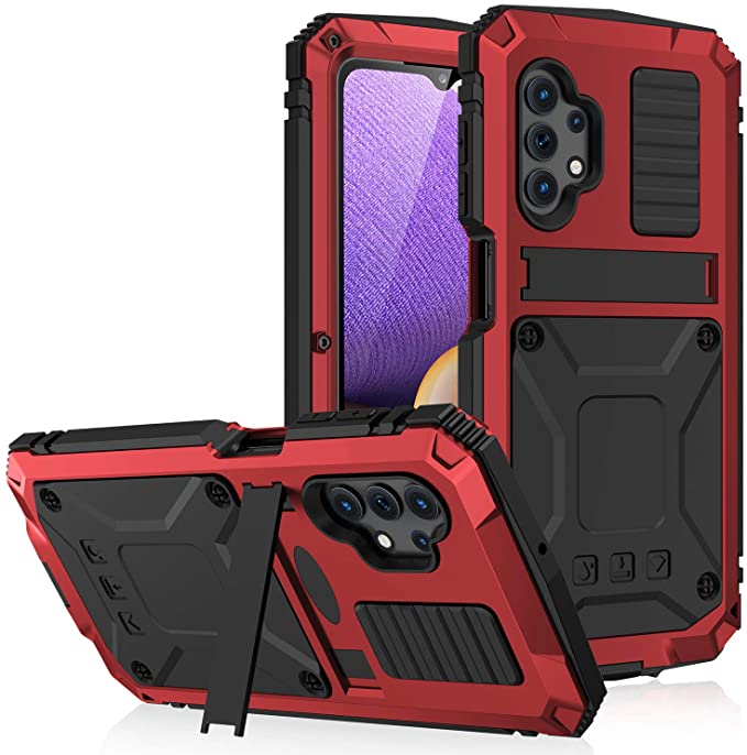 Galaxy A32 5G Metal Case, Built-in Screen Protector Work, Full Body Rugged Shockproof Protective Cover Case with Invisible Bracket,Compatible for Samsung Galaxy A32 5G (Red)