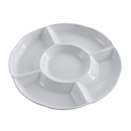 Hemoton 9 Inch 5 Compartment Round Plastic Serving Tray Food Fruit Candy Tray Appetizer Serving Platter (White)