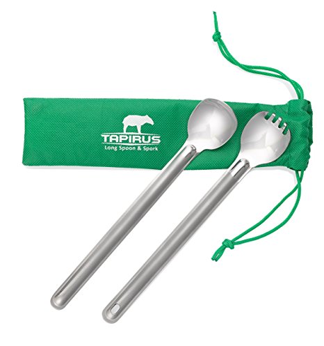 Tapirus Long Handle Spoon and Spork Set - Deep Reach Stainless Steel Cooking Eating Utensils Access Bag Bottoms, Keep Hands Clean and Away from Heat   Carry Bag Ideal for Hiking, Camping, Backpacking