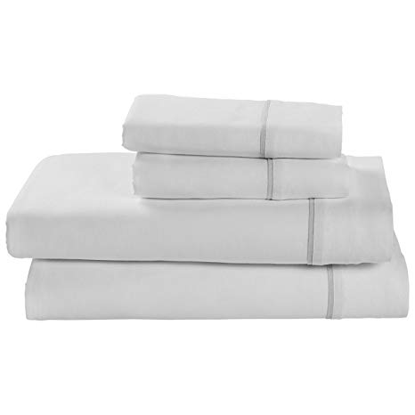 Rivet Contrast Hem Breathable Cotton Linen Bed Sheet Set, Queen, White / Vapor