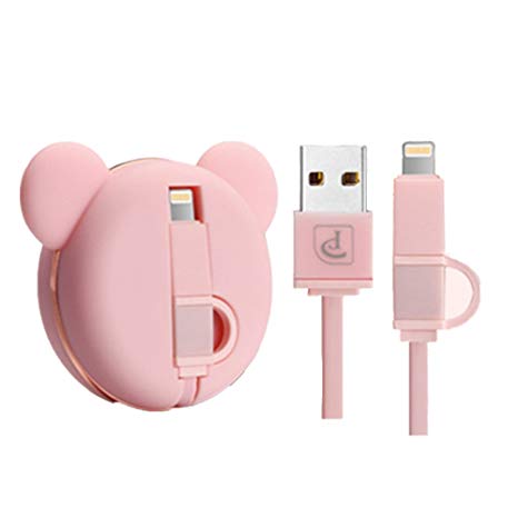 iPhone Charger, Oatsbasf Retractable Cute Bear Lightning Cable Micro Usb Cable 2 in 1 Sync and Charge Portable Flexible High Speed Charging Cable for iPhones iPad iPod Android Phones, 3.3ft (Pink)