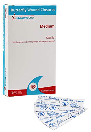 Healthstar Butterfly Closure Bandages, Medium, Sterile, Latex-Free (Box of 100) | Individually Wrapped for Small Cuts and Wounds 1 3/4 Inch x 3/8 Inch