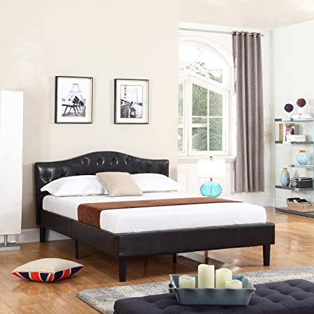 Divano Roma Furniture Classic Bonded Leather Low Profile Platform Bed Frame w/Curved Headboard Design