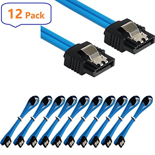 Sata Cable SATA III 6.0 Gbps 7pin Female to Female Data Cable with Locking Latch for Hdd 18-inch SATA Cables (Blue 12 pack Sata Cables)