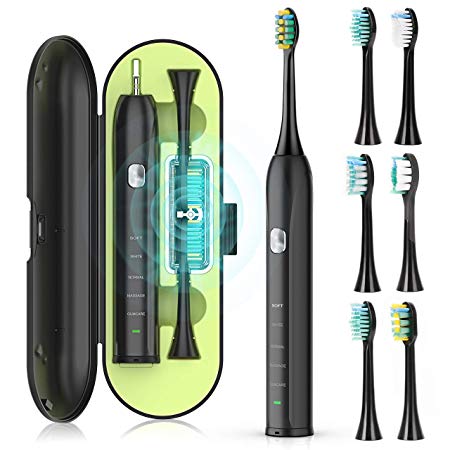 Electric Toothbrush, Sonic Toothbrush for Adults with UV Sanitizer Case,6 Replacement Heads,5 Modes Waterproof Rechargeable Whitening Toothbrushes, 45 Days Long Battery,2 Min Timer for Travel and Hom
