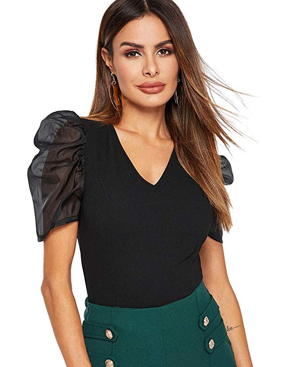 Romwe Women's Petite Mesh Puff Short Sleeve V Neck Slim Fit Elegant Vintage Crop Blouse Top