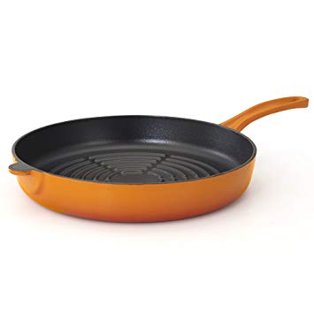 Essenso Chambery Cast Iron Round Skillet Grill with Four-Layer Enamel Interior and Exterior, Orange, 11 Inch