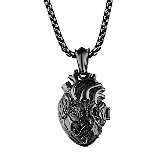 Fate Love Stainless Steel Anatomical Heart Locket Pendant Necklace for Men Women, Silver/Gold/Black