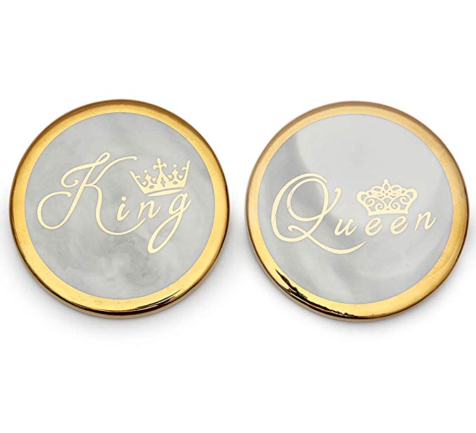 Luspan King and Queen Gold&Marble Stone Coasters Set of 2 - Grey Marble Stone Coasters 3.7 Inches in Diameter - Prefect Match with King and Queen Coffee Mugs for Couples
