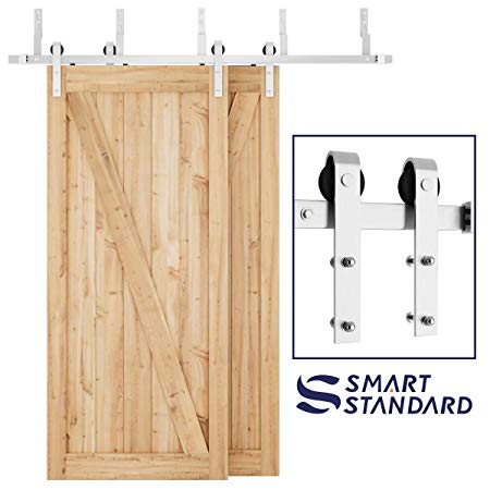 SMARTSTANDARD 6.6ft Heavy Duty Bypass Stainless Sliding Barn Door Hardware Kit - Smoothly & Quietly -Easy to Install - Includes Step-by-Step Installation Instruction Fit 40" Wide Door Panel (J Shape)