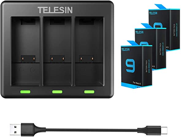 TELESIN 3-Pack Replacement Battery (1750mAh) and 3-Channel USB Quick Charger with Type-C Cord for GoPro Hero 10 Hero 9 Black (Fully Compatible with Go Pro 9 Original)