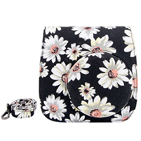 Elvam Black Flower Floral Cotton Canvas Fujifilm Instax Mini 8 / Mini 8  Instant Film Camera Case Bag w/ a Removable Bag Strap