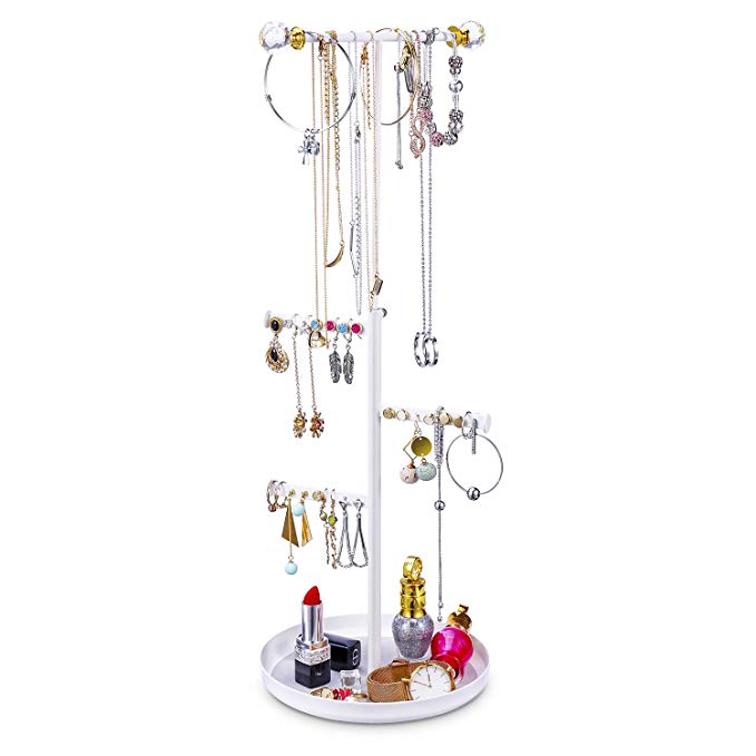 Keebofly Jewelry Tree Stand Organizer - Metal Necklace Organizer Display with Adjustable Height for Necklaces Bracelet Earrings and Ring White