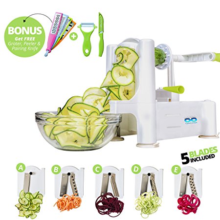 Vegetable Spiralizer 5-Blade Bundle (Bonus items include - 4 Graters, 1 Ceramic Peeler, 1 Ceramic Knife) - Cut & Slice Fruits or Vegetables for Low Carb & Healthy Kitchen, Strongest-and-Heaviest Duty