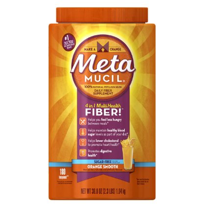 Metamucil Psyllium Fiber Supplement by Meta Orange Smooth Sugar Free Powder 180 doses, 36.8 Ounce