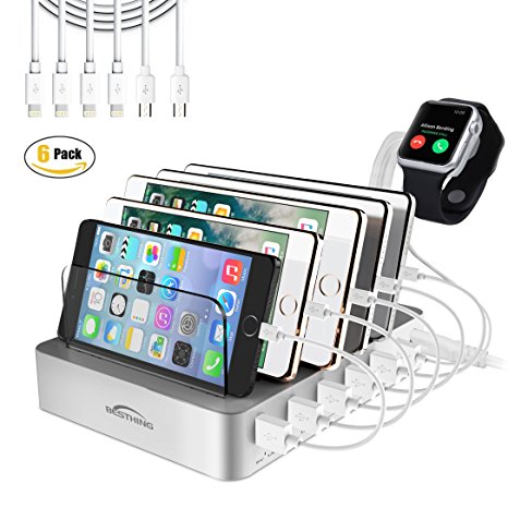 BESTHING 6-Port 10A Universal USB Charging Station Dock with Innovative Removable Baffles Organizer for Smart Phones & Tablets (Charging Cable Included) (Silver)