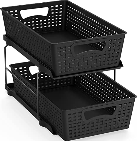 SimpleHouseware 2 Tier Bathroom Organizer Tray Pull-Out Sliding Drawer/Under-Sink Storage, Black