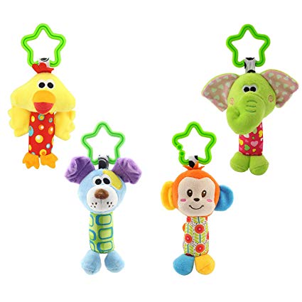 DOMIRE 4Pcs Baby Stroller Toys Hanging Rattle Toy Soft Infant Plush Wind Chime Crib Hanging Toys