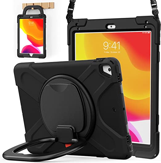 BATYUE iPad 9.7 inch Case for 2018 iPad 6th Gen/ 2017 iPad 5th Gen, iPad Air 2/ iPad Pro 9.7'',Shockproof Protective Rugged Cover with Pencil Holder &Rotating Bracket &Shoulder Strap(Black)