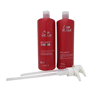 Bundle -4 Items : WELLA Brilliance Shampoo & Conditioner Fine to Normal Coloured Hair, Liter Duo 33.8 Oz   Wella liter pumps (2)