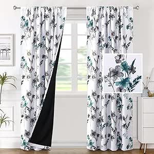 H.VERSAILTEX 100% Blackout Curtains for Bedroom Cattleya Floral Printed Drapes 84 Inches Long Leah Floral Pattern Full Light Blocking Drapes with Black Liner Rod Pocket 2 Panels, Grey/Teal