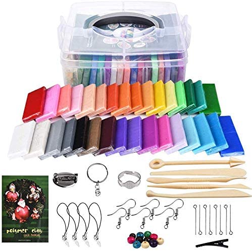 Polymer Clay Starter Kit, 32 Colors Non-Toxic Soft Oven Bake Clay with 5 Sculpting Modeling Tools and Jewelry Accessories Set, DIY Gift for Kids Children
