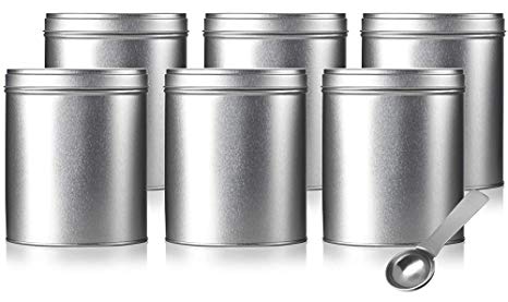 Oval Stackable Tea Tin Canister Containers 5.4" (6 PACK) and Stainless Steel Metal Scoop Spoon For Loose Leaf Tea, Coffee, Sugar Storage, Dried Herbs, Spices