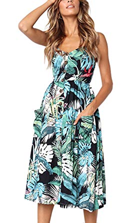 Angashion Women's Dresses-Summer Floral Bohemian Spaghetti Strap Button Down Swing Midi Dress with Pockets