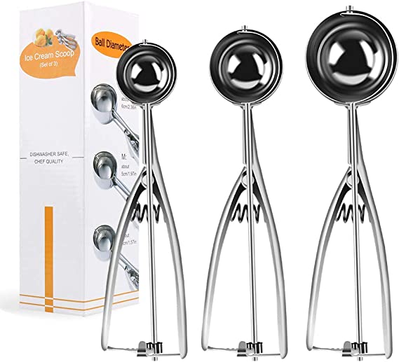 Ice Cream Scoop,Cookie Scoop Set of 3, Stainless Steel Ice Cream Scoop Large-Medium-Small Size,Good Grips Squeeze Melon Disher