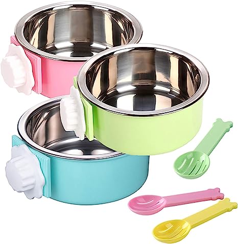 kathson 3 PCS Crate Dog Bowl, Stainless Steel Removable Hanging Cage Food Bowl Pet Food Spoon & Water Feeder Bowls Coop Cup for Puppy Cat Bird Rabbit