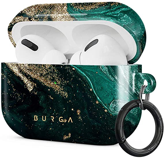 Burga Airpod Hardcase Compatible With Apple Airpods PRO 2019 Charging Case, Emerald Green Jade Stone High Fashion Gold Glitter Marble Cute Case For Girls, Protective Hard Plastic Case Cover