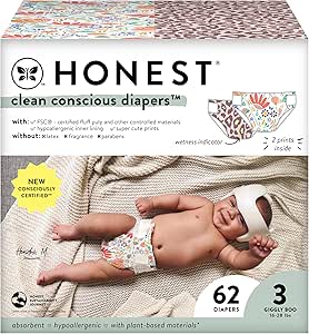 The Honest Company Clean Conscious Diapers | Plant-Based, Sustainable | Wild Thang   Flower Power | Club Box, Size 3 (16-28 lbs), 62 Count