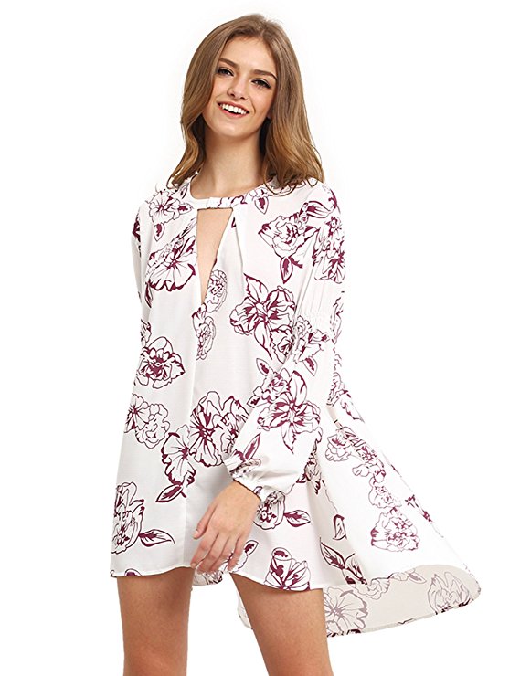 Milumia Women's Bohemian Long Sleeve Floral Print Tunic Dress