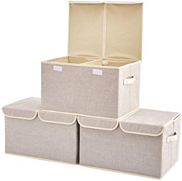 Large Storage Boxes [3-Pack] EZOWare Large Linen Fabric Foldable Storage Cubes Bin Box Containers with Lid and Handles for Home, Office, Nursery, Closet, Bedroom, Living Room (Silver Gray)
