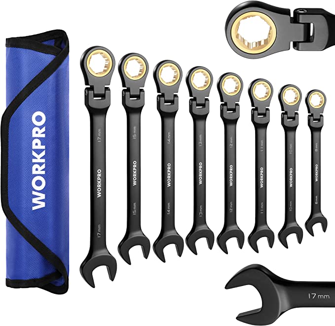 WORKPRO Ratcheting Combination Wrench Set, 8-piece Flex-Head Anti-Slip Wrench Set Metric 8-17 mm, 72-Teeth, Cr-V Constructed, Black Electrophoretic Coating with Rolling Pouch