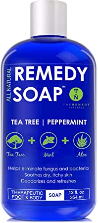 Remedy Anti-Fungal Soap, Helps Wash Away Body Odour, Athlete's Foot, Nail Fungus, Ringworm, Jock Itch, Yeast Infections and Skin Irritations 100% natural refreshing foot and body wash with tea tree oil, mint & aloe. 12oz therapeutic cleanser by Remedy Wash.