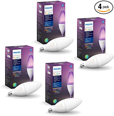 Philips Hue White and Color Ambiance B39 E12 Candle with Bluetooth, Hue Hub Compatible- 4 Pack (556968-4)