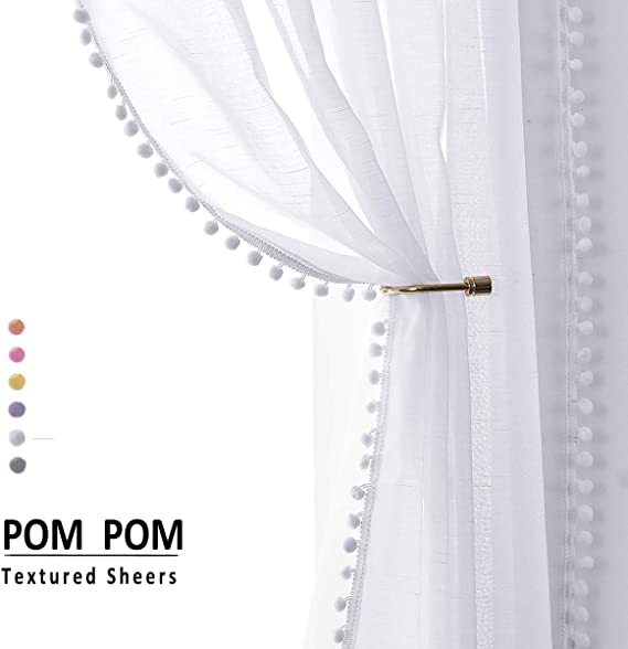 Treatmentex Pompom Sheer White Curtains for Living Room 84" Long Linen Textured Window Curtain Draperies for Bedroom 52" W, 1 Pair