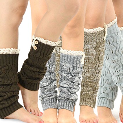 TeeHee Women's Fashion Leg Warmers 4-Pack Assorted Colors, Lace with Button