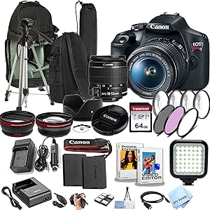 Canon EOS Rebel T7 w/EF-S 18-55mm F/3.5-5.6 Zoom Lens   64GB Memory, Filters, Sling Case, Tripod, LED Light, Lenses, and More (34pc DSLR Camera Bundle) (Renewed)