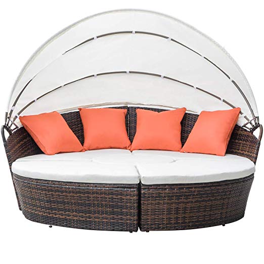 FLIEKS Leisure Zone Outdoor Patio Backyard Poolside Furniture Wicker Rattan Round Daybed with Retractable Canopy (Beige Cushion)