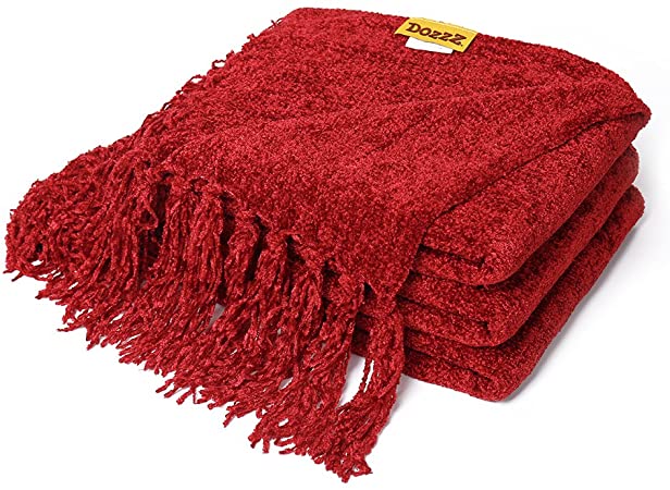 DOZZZ Fluffy Chenille Knitted Throw Blanket with Decorative Fringe for Home D?cor Bed Sofa Couch Chair Burgundy Red