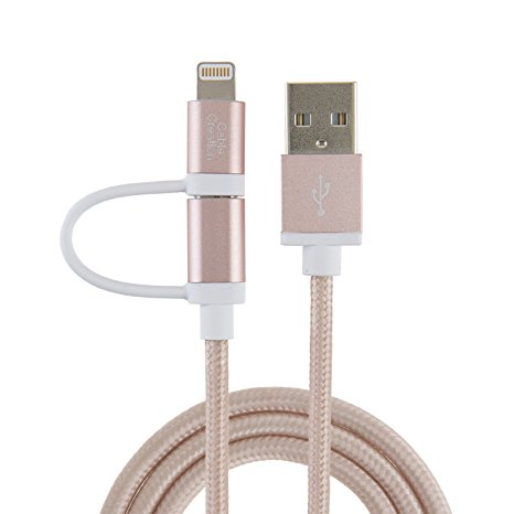 [Apple MFi Certified] CableCreation 2-in-1 Lightning to USB Data Sync Charge Cable, Lightning Micro USB 2-in-1 Cable for iPhone 6 6S 6Plus iPad Air mini Samsung & More, Rose Gold,0.25M/0.8FT