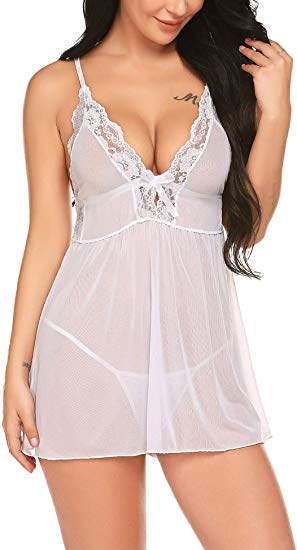 ELOVER Women Lingerie Lace Babydoll V Neck Chemise Sexy Nightwear Mini Teddy