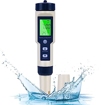 Flintronic Medidor de PH, 5 en 1 PH/TDS/EC/Salinidad/Temperatura Probador de Calidad del Agua, Pantalla LCD con Retroiluminación Verde, para Acuarios/Hidroponía/Piscina