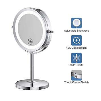 Benbilry LED Lighted Makeup Mirror - 7 Inch 1x/10x Magnifying Mirror Touch Control, Double Sided Magnified Vanity Mirror With Stand, Battery Operated (10x Dimmable Mirror)