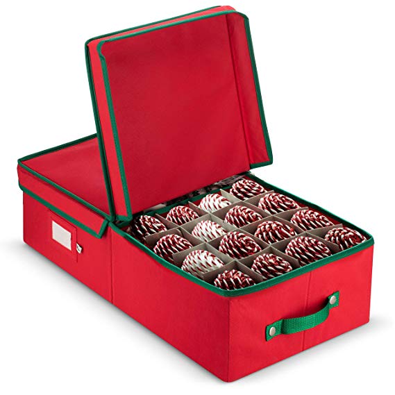 ZOBER Underbed Christmas Ornament Storage Box with Lide - Stores up to 64 Standard Christmas Ornaments, and Xmas Holiday Accessories Storage Container with Dividers