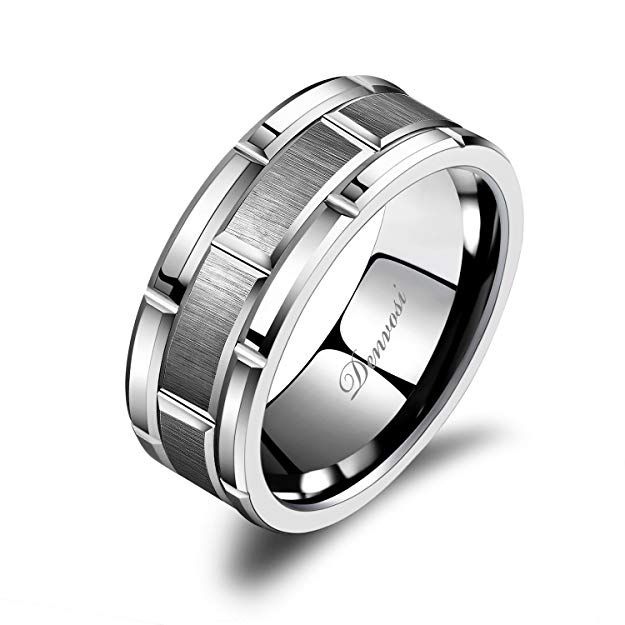 Denvosi Men Wedding Band Tungsten Ring 8MM Brick Pattern Matte Brushed Silver Surface Engagement Anniversary Ring Comfort Fit Size 6-14.5