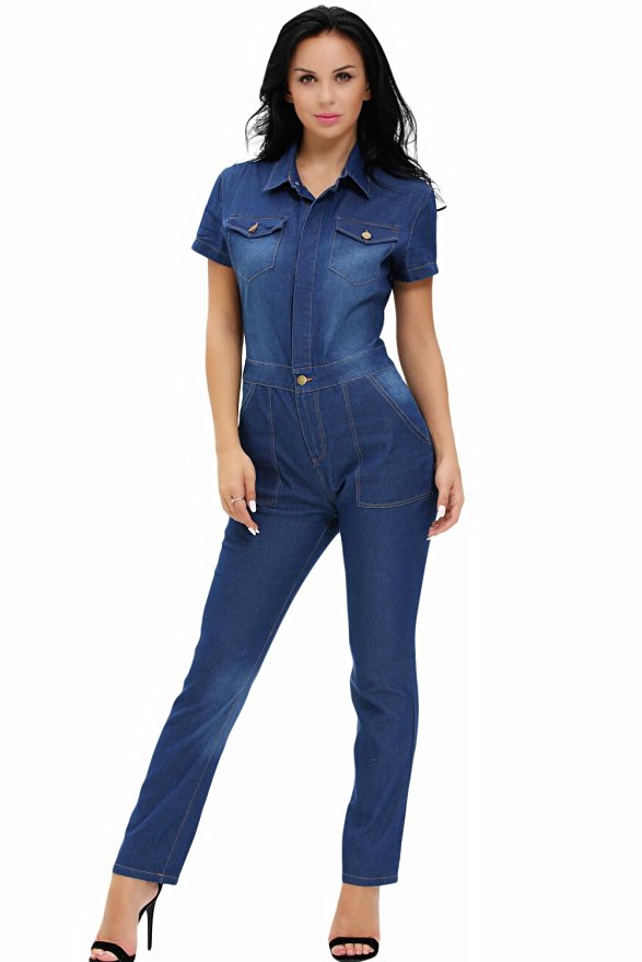 FARYSAYS Women's Sexy Short Sleeve Button Down Denim Jumpsuit Rompers