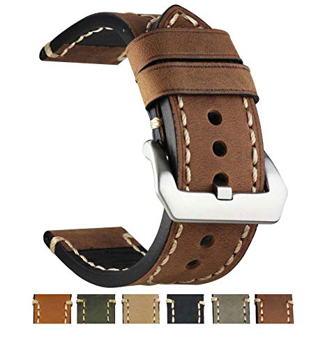 ZLIMSN Thick Genuine Leather Brown Black Watch Band Strap Stainless Steel Buckle 20 mm 22mm 24mm 26mm